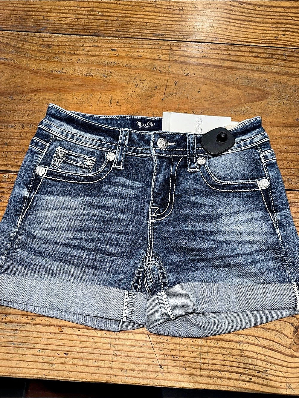 Miss Me Mid-Rise Wing Flap Pocket Denim Shorts Blue Medium